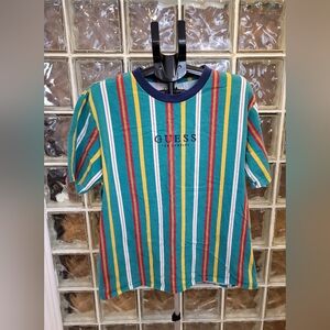 Guess Originals Striped Logo T-Shirt Mens L Teal Yellow Vintage Inspired